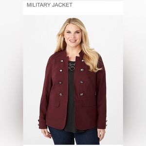 Roz & Ali Burgundy Stretch Military Jacket, Plus Size 2X